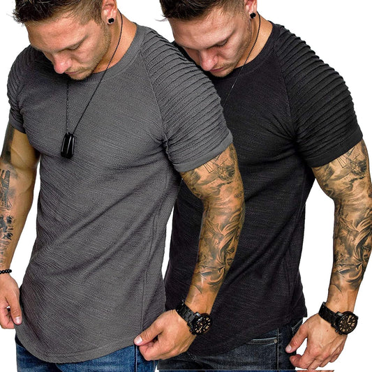 Mens 2 Packs Fitted T-Shirts Pleats Sleeve Muscle Workout Shirt Longline Gym Tee